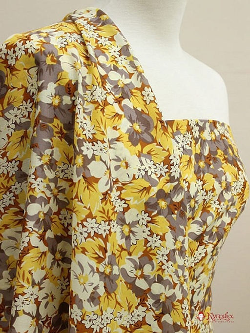 Мерный лоскут (ткань в отрезах) - Штапель Цветочные узоры цв.горчичный, ш.1.44м, вискоза-100% - Купава фото 2