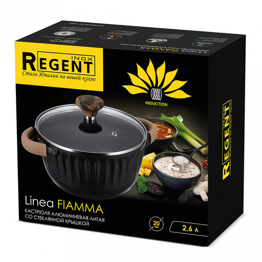 Кастрюля с антипригарным покрытием Fiamma 2,6л, д20см, h16см, s1,6мм, дно s4,5мм, литой алюминий, стеклянная крышка, пароотвод, бакелитовая ручка с покрытием soft-touch, силиконовые съемные ручки-прихватки, капсульное дно, цветная коробка, Regen - Домашняя мода фото 4