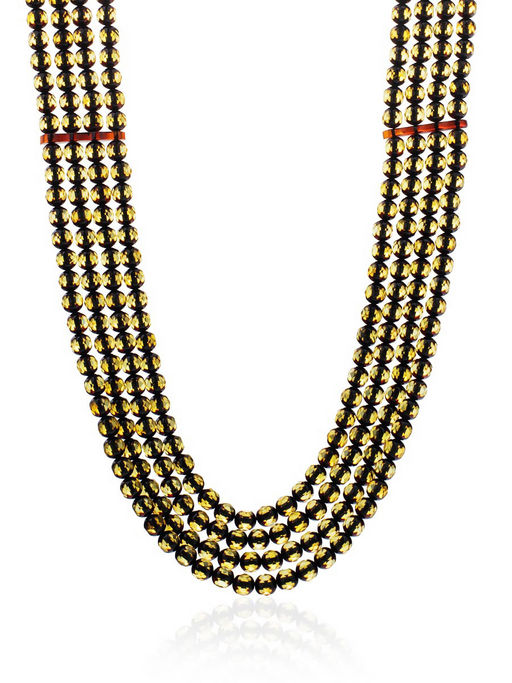 Четырёхрядное колье из натурального янтаря Карамель зелёная алмазная