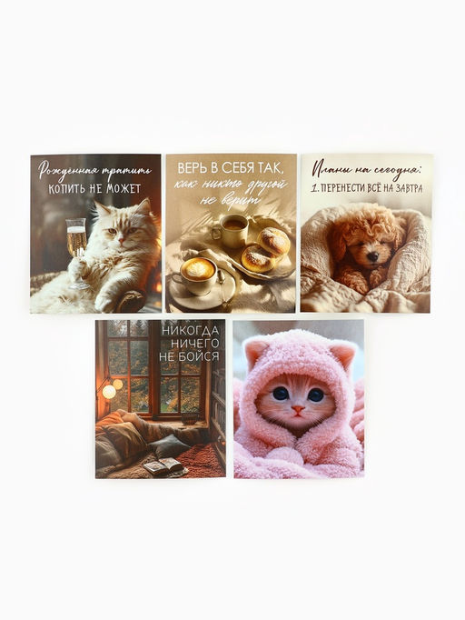 Набор мини-открыток в коробке со скрепками «Котики», 35 штук, 8 x 10 см