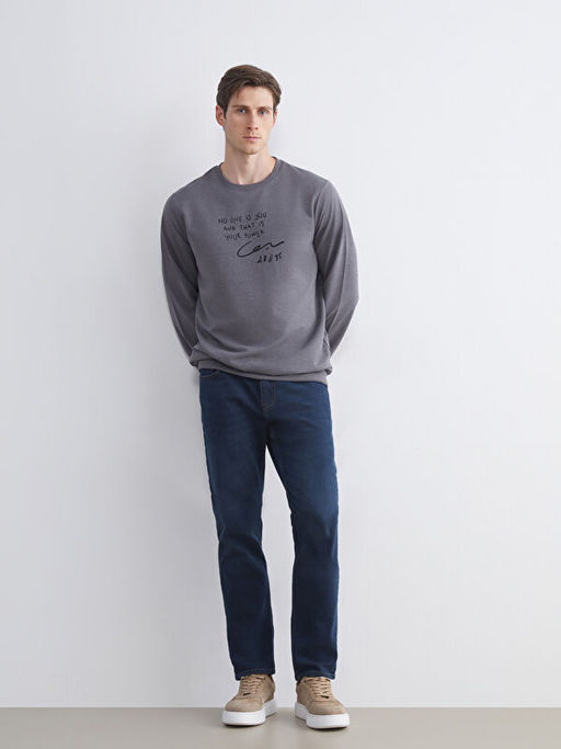 Bisiklet Yaka Bask?l? Erkek Sweatshirt