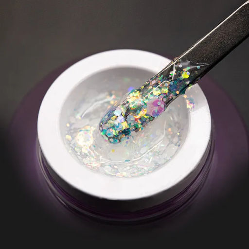 NEW! KOREAN GEL White - опаловые разноразмерные многогранники сперсиково-радужными и белыми переливами в прозрачной основе