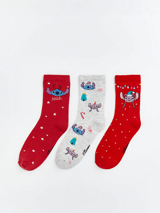 Stitch ve Angel Desenli K?z ?ocuk Soket ?orap 3l?
