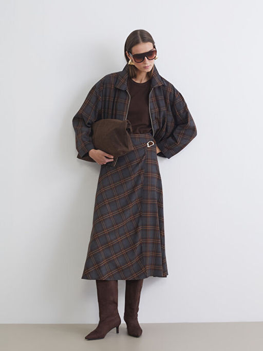 Y?ksek Bel Kemerli Ekose Etek