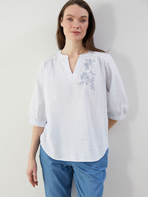 Ka??k yaka ?izgili Nak??l? Poplin Kad?n Bluz