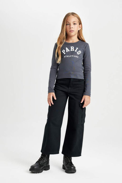 Укороченная рубашка с круглым вырезом для девочек, футболка в рубчик с принтом и длинными рукавами, состоящая из двух частей - Defacto фото 3