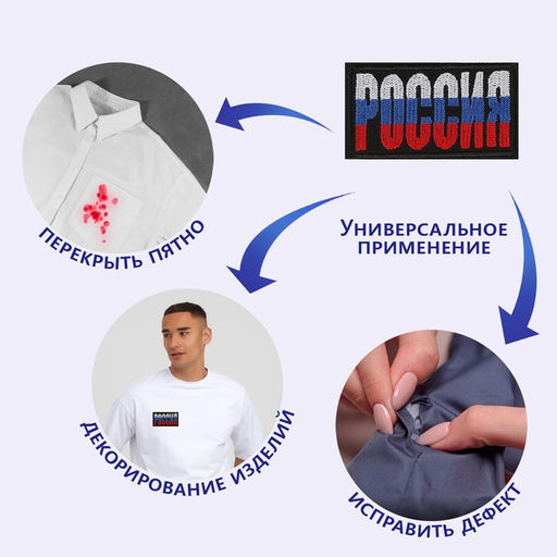 Цена за 10 шт. Термоаппликация «Россия», 7.4×4.2 см, фасовка 10 шт., разноцветная