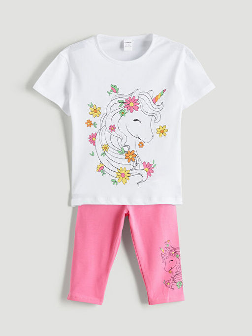 Bisiklet Yaka Bask?l? K?z ?ocuk Ti??rt ve Tayt 2li