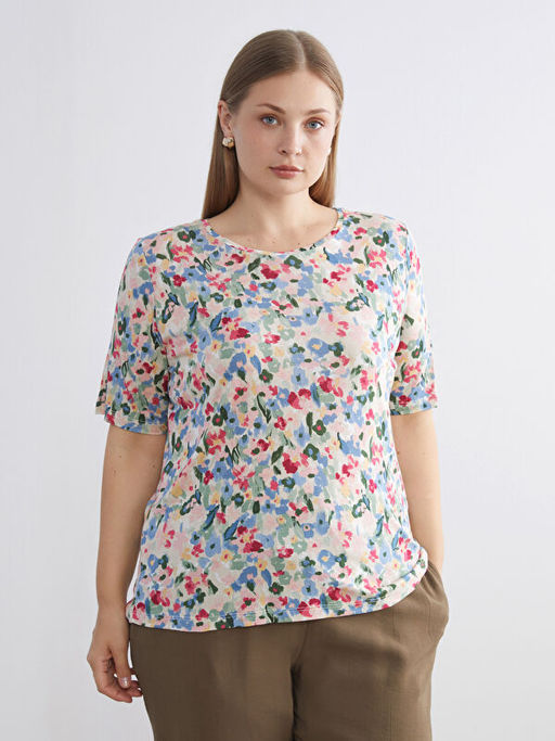 Bisiklet Yaka ?i?ekli Kad?n Ti??rt