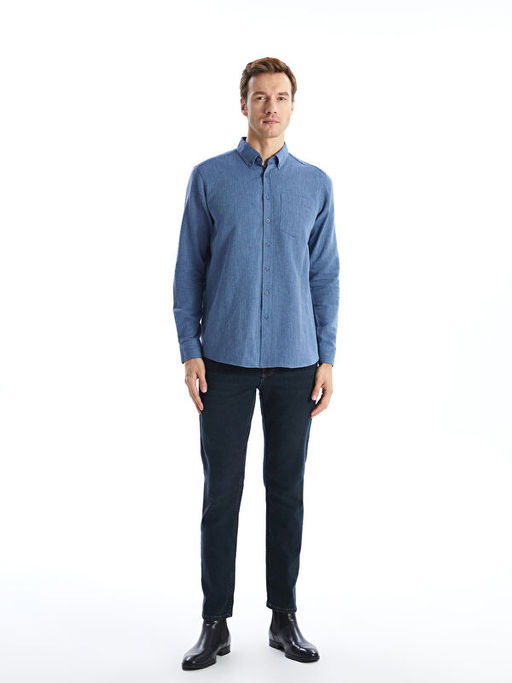 Regular Fit Uzun Kollu Keten Kar???ml? Erkek G?mlek