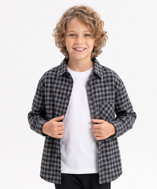 Рубашка для мальчика в клетку 33-82206 черная клетка - Mini maxi фото 2
