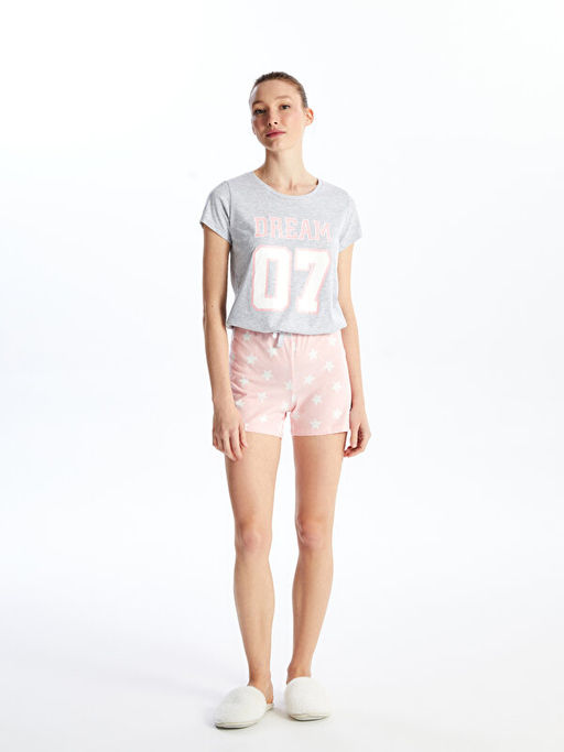 Bisiklet Yaka Bask?l? K?sa Kollu Kad?n ?ortlu Pijama Tak?m?