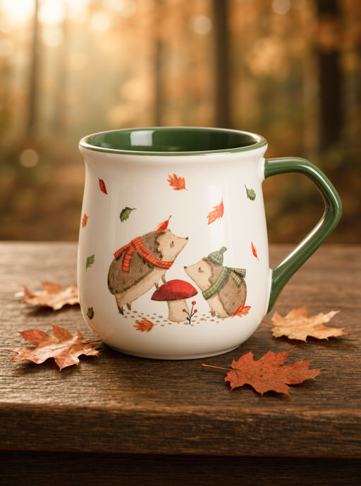Кружка, 400 мл, керамика D, бело-зеленая, Ежи у гриба, Autumn friends - Anna lafarg фото 9