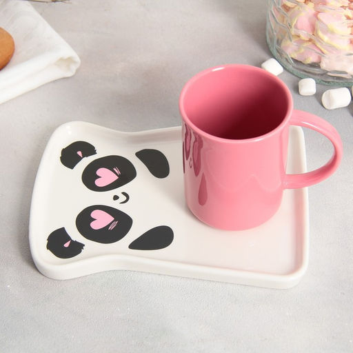 Чайная пара керамическая «Панда»: кружка 200 мл, блюдце 17.8×13.3 см