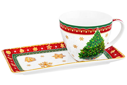 Чашка 250 мл с блюдцем для десерта 20*10*2 см Новогодняя елка красный узор NEW BONE CHINA - Elan gallery фото 19
