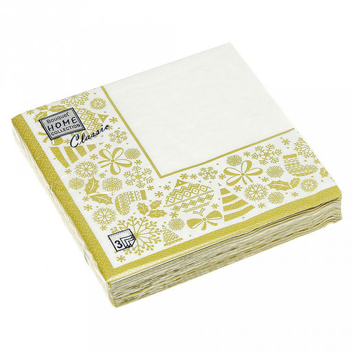 Салфетки бумажные "Bouquet Home Collection Classic" 33х33см, 3-х слойные, 20 штук в упаковке, 100% целлюлоза, "Новогодняя скатерть. Золото на белом" (Россия)
