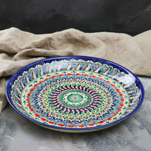 Ляган узбекский Риштанская керамика «Узоры», для плова, d=36 см, синий