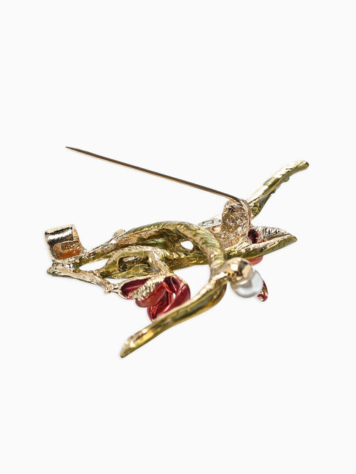 Брошь «Цветы» ирисы, жемчуг, цвет красно-зелёный