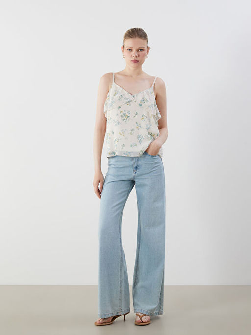 V Yaka ?i?ekli Ask?l? F?rf?rl? Bluz