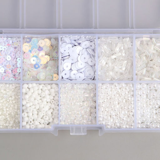 Бисер стекло 8/0, 12/0 в шкатулке «Белый», бусины, стеклярус и пайетки, 13×6.5×2.3 см