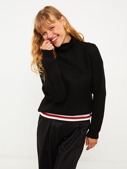 Bal?k?? Yaka D?z Uzun Kollu Kad?n Triko Kazak