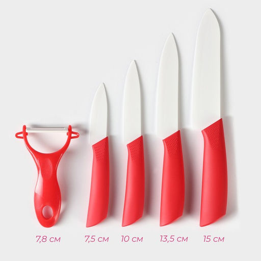 Набор кухонный на подставке Доляна, 5 предметов: ножи 7,5 см, 10,5 см, 13 см, 15 см, овощечистка, цвет красный  фото 2
