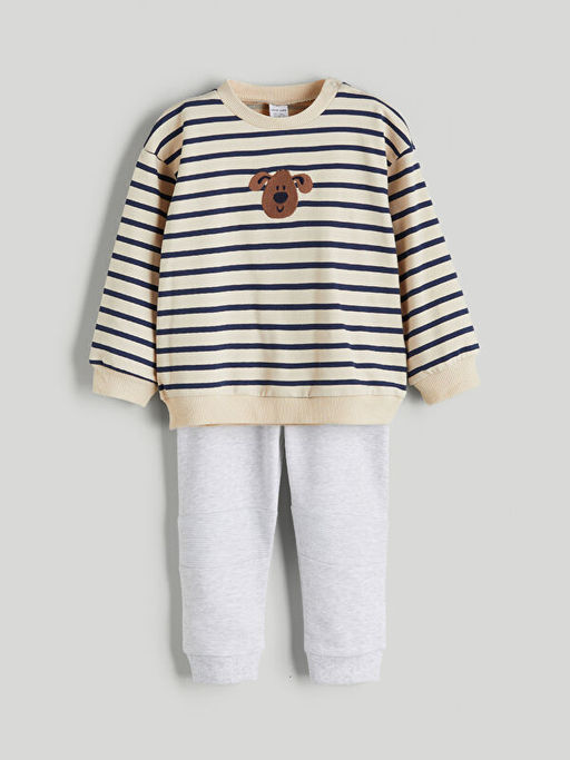 Bisiklet Yaka ?izgili Erkek Bebek Sweatshirt ve E?ofman Alt 2li