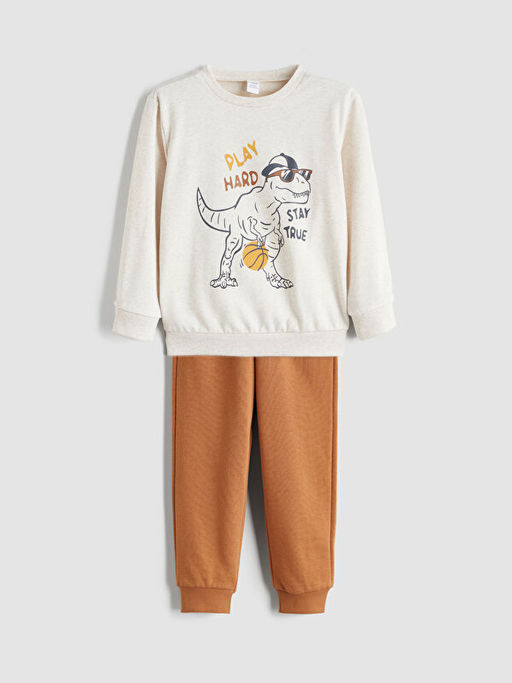 Bisiklet Yaka Bask?l? Erkek ?ocuk Sweatshirt ve E?ofman Alt 2li