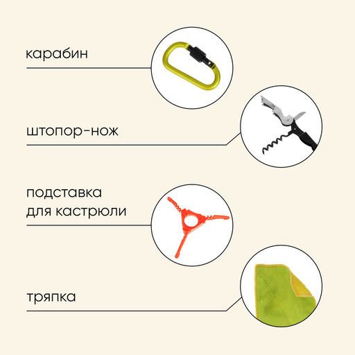 Набор туристической посуды maclay: 2 кастрюли, приборы, горелка, штопор, тряпка, карабин