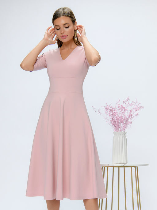 Платье розовое длины миди с глубоким вырезом и рукавами 1/2 - 1001dress фото 4