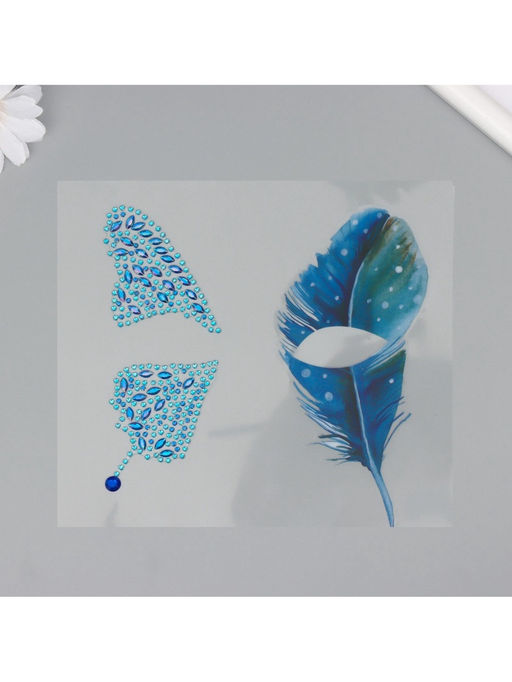 Наклейка - стразы на лицо Крыло бабочки и перо, 16?17 см