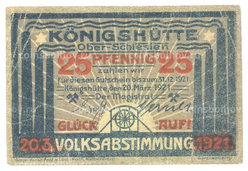 Банкнота 25 пфеннигов 1921 года Германия  Нотгельд (Кёнигсхютте)