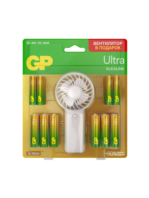 Батарейка алкалиновая GP Ultra, ААА+АА, LR03+LR6-24BL, 1.5В, блистер 12+12 шт., вентилятор