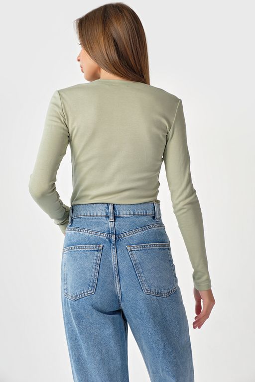 Лонгслив трикотажный с квадратным вырезом из хлопка хаки - Fly фото 24