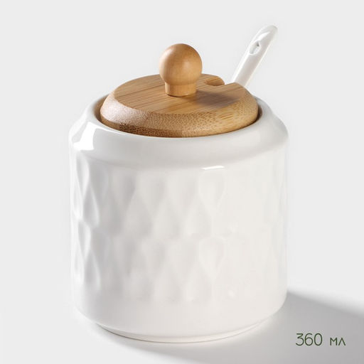 Набор для специй и соусов BellaTenero, 5 предметов: 2 соусника 200 мл, сахарница 360 мл, солонка 120 мл, перечница 120 мл, на бамбуковой подставке, керамика, белый