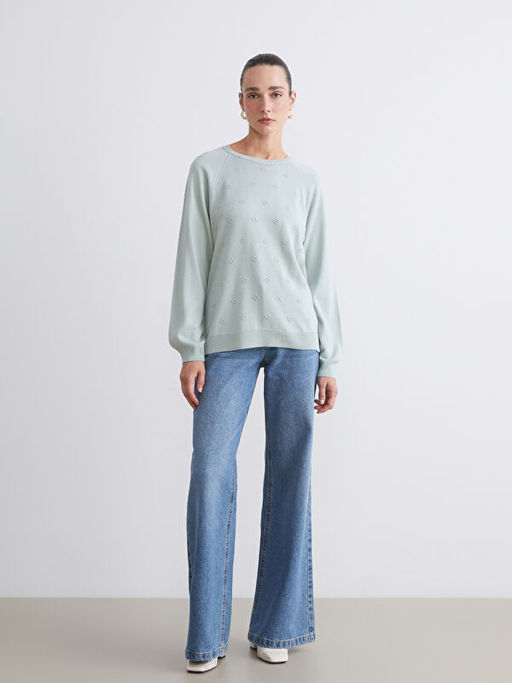 Bisiklet Yaka ?i?ekli Kad?n Triko Kazak