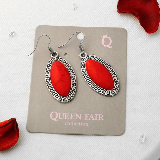 Серьги под натуральный камень Натурель эллипс, красные в чернёном серебре