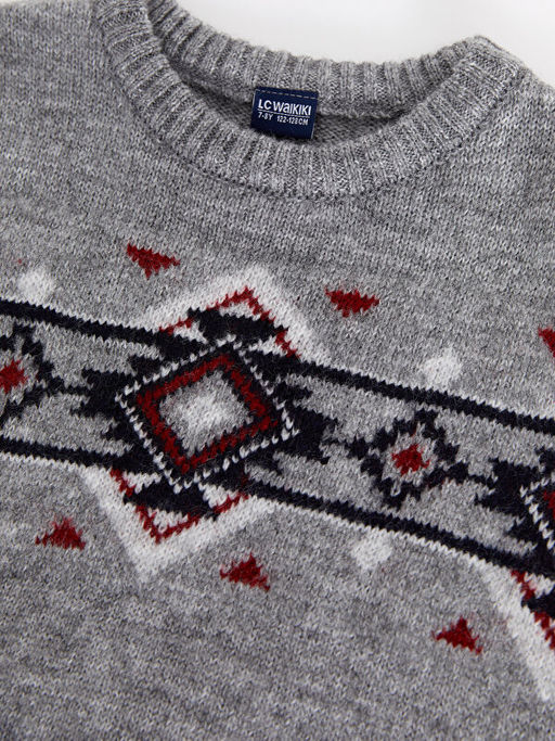 Bisiklet Yaka Desenli Uzun Kollu Erkek ?ocuk Triko Kazak