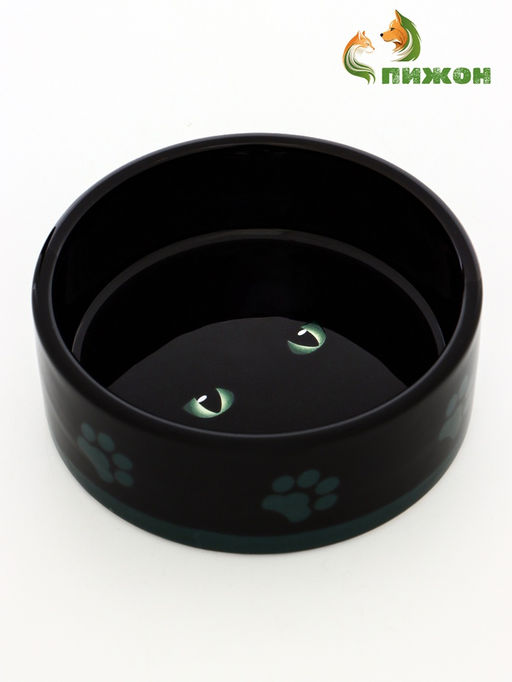 Миска керамическая Черный кот 300 мл - 12.512.54.5 см, черная/зелёная - Пижон фото 2