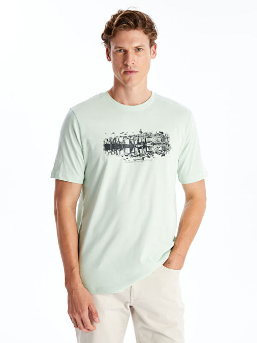 Bisiklet Yaka K?sa Kollu ?stanbul Bask?l? Penye Erkek Ti??rt