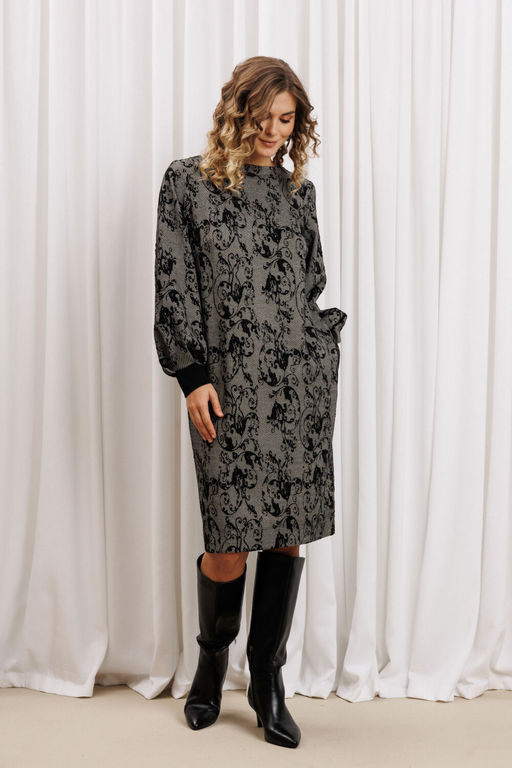 Платье Gizart 7385/1 серо-черный с цветами