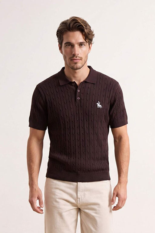 Kahverengi Regular/Normal Kesim Nak__l_ Dokulu Triko Polo Yaka T-shirt TMNAW27PO00004 - Trendyolmilla фото 2