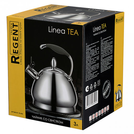 Чайник из нержавеющей стали "Linea Tea" 3л, д21см, h25см, со свистком, многослойное капсульное дно, нескользящая ручка, цветная коробка, "Regent" (Китай) Подходит для всех видов плит, включая индукционную