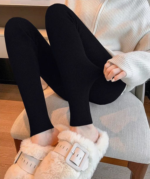 K13197 Легинсы в рубчик МЕХ (вязаный трикотаж) ЧЕРНЫЙ