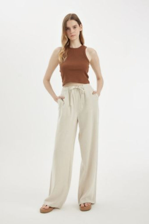 Wide Leg Genis Bol Paca Uc Cepli Normal Bel Basic Duz Standart Boy Keten Kar?s?ml? Pantolon