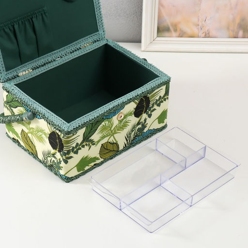 Шкатулка для рукоделия и шитья «Тропические листья на зелёном», хранение ниток, иголок, мелочи, 19×26×14.5 см