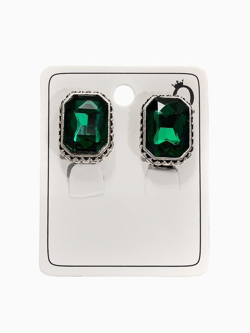 Серьги клипсы для ушей QF «Винтаж», цвет изумрудный в чернёном серебре