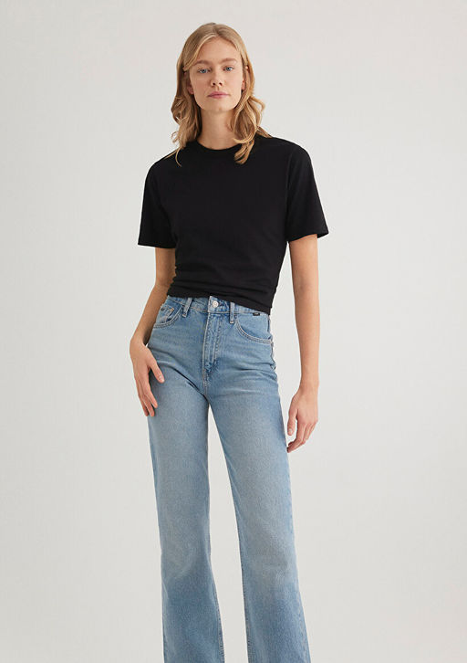 Bisiklet Yaka Siyah Basic Tisort - Mavi фото 3