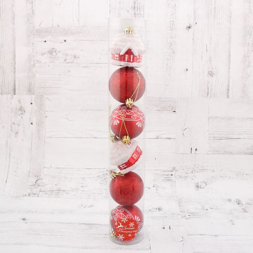 Ёлочные игрушки Праздник, шары новогодние, набор 6 шт. (4 шара, 2 домика) 6 см, красный - Зимнее волшебство фото 3