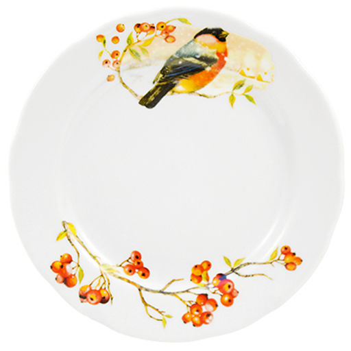 Тарелка мелкая фарфоровая Снегири д175см, h25мм, вырезной край (Россия)